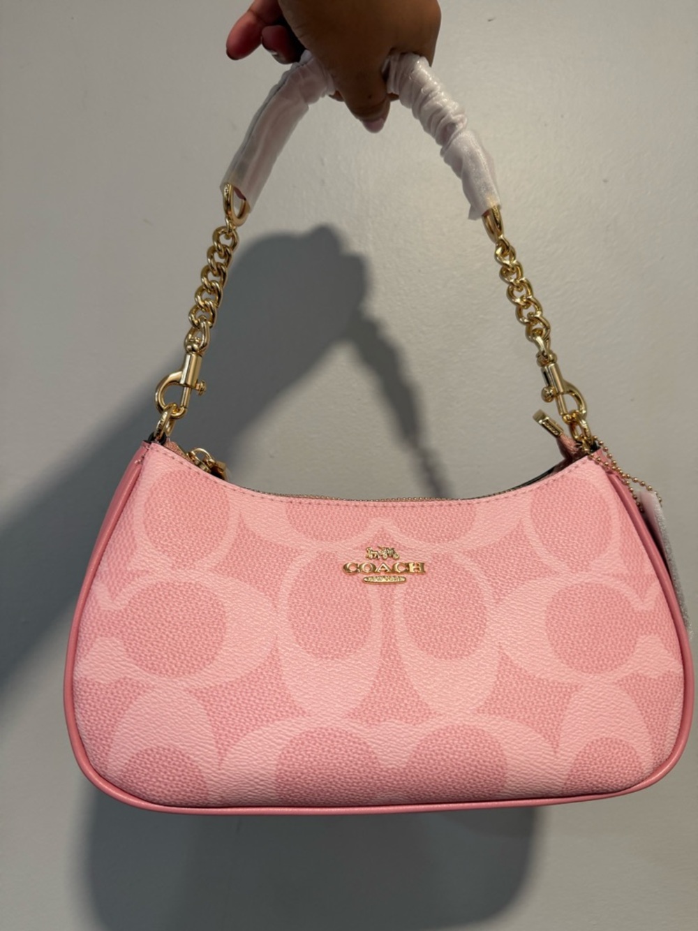 Coach Pink Signature Jacquard Mini Shoulder Bag with Gold Chain
